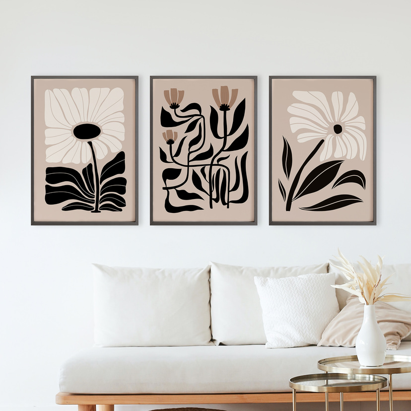 Set of 3 Beige Matisse Flowers Cutouts Framed Wall Art Rustic Charm
